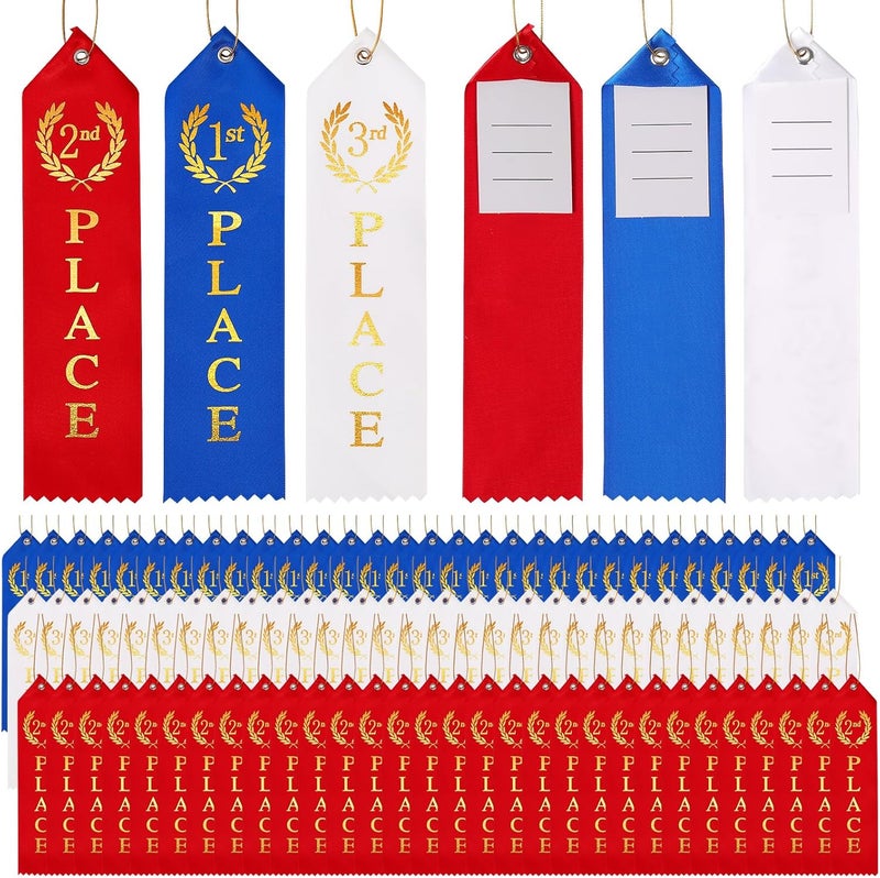 Berenlu 90PCS Award Ribbons, Medal Ribbons for 1st, 2nd, 3rd Place, Event Card & Rope Included, Perfect for Competitions, Sports Events, School Challenges, Vibrant Blue, Red, and White - Image 1
